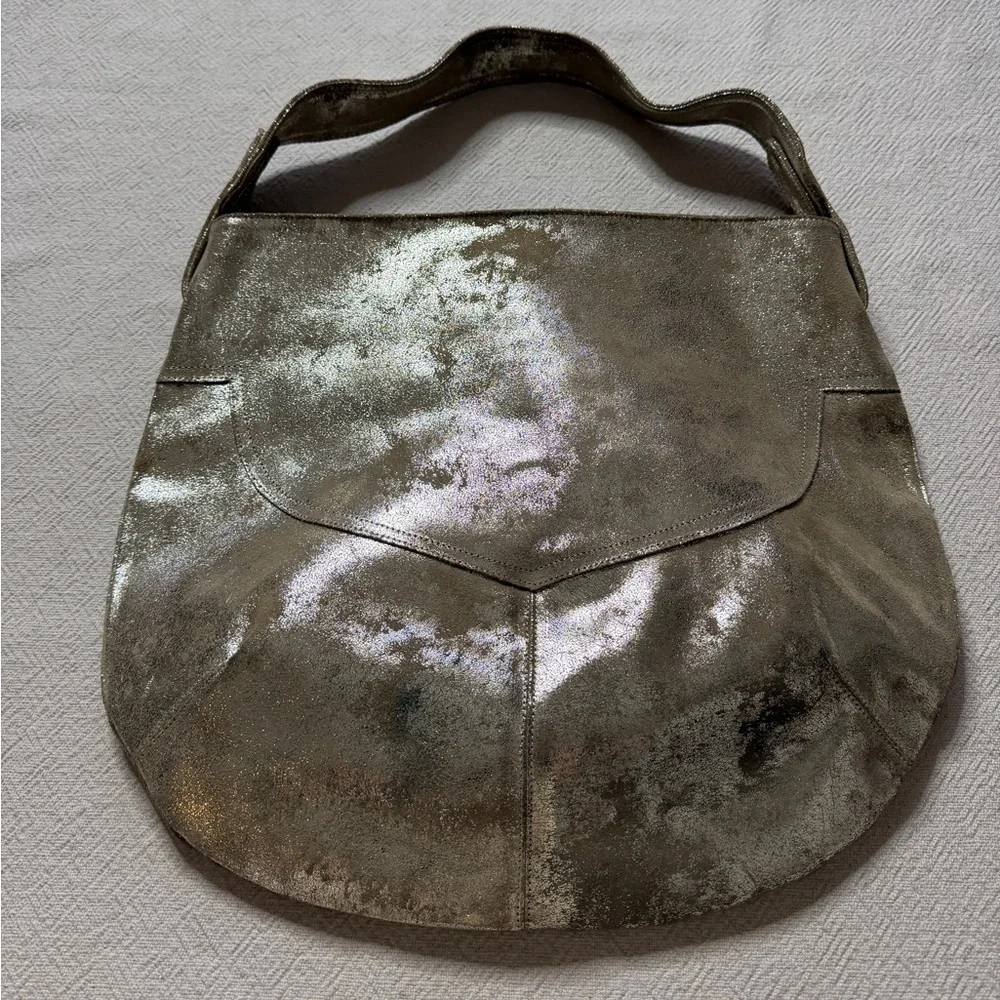 CoFi Leather Brushed Gold Metallic Hobo Bag Festival Boho
